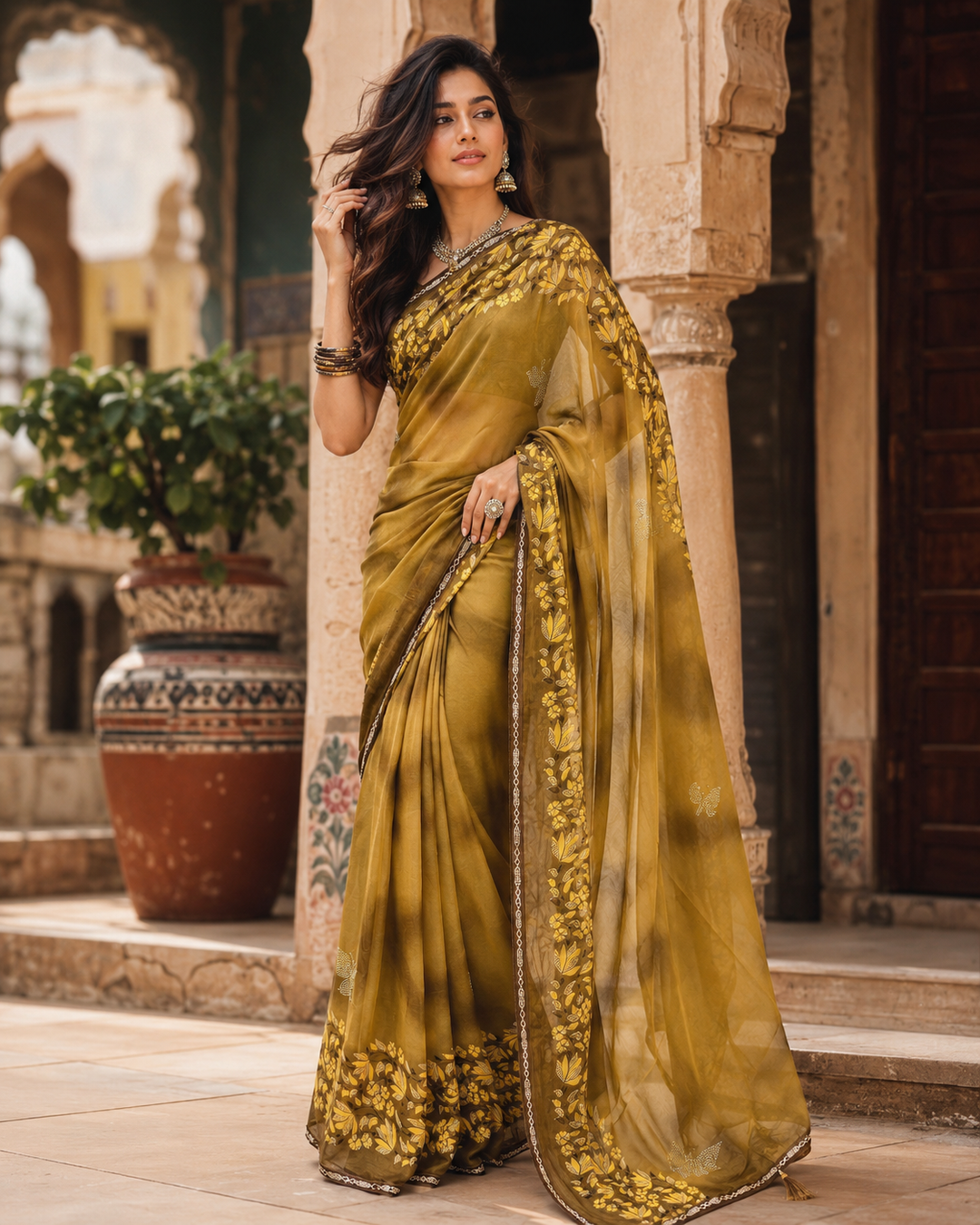 Georgette Floral Printed Saree With Unstitched Blouse(Yellow)