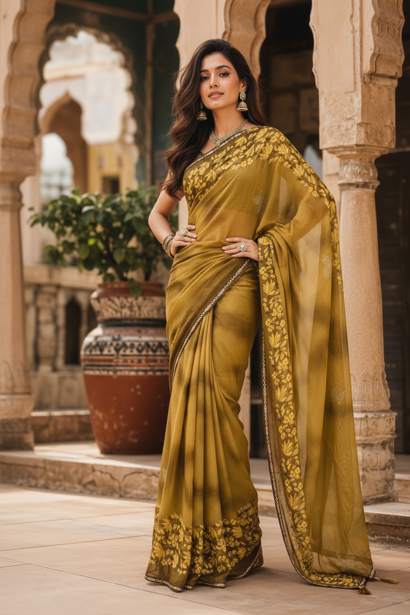 Georgette Floral Printed Saree With Unstitched Blouse(Yellow)