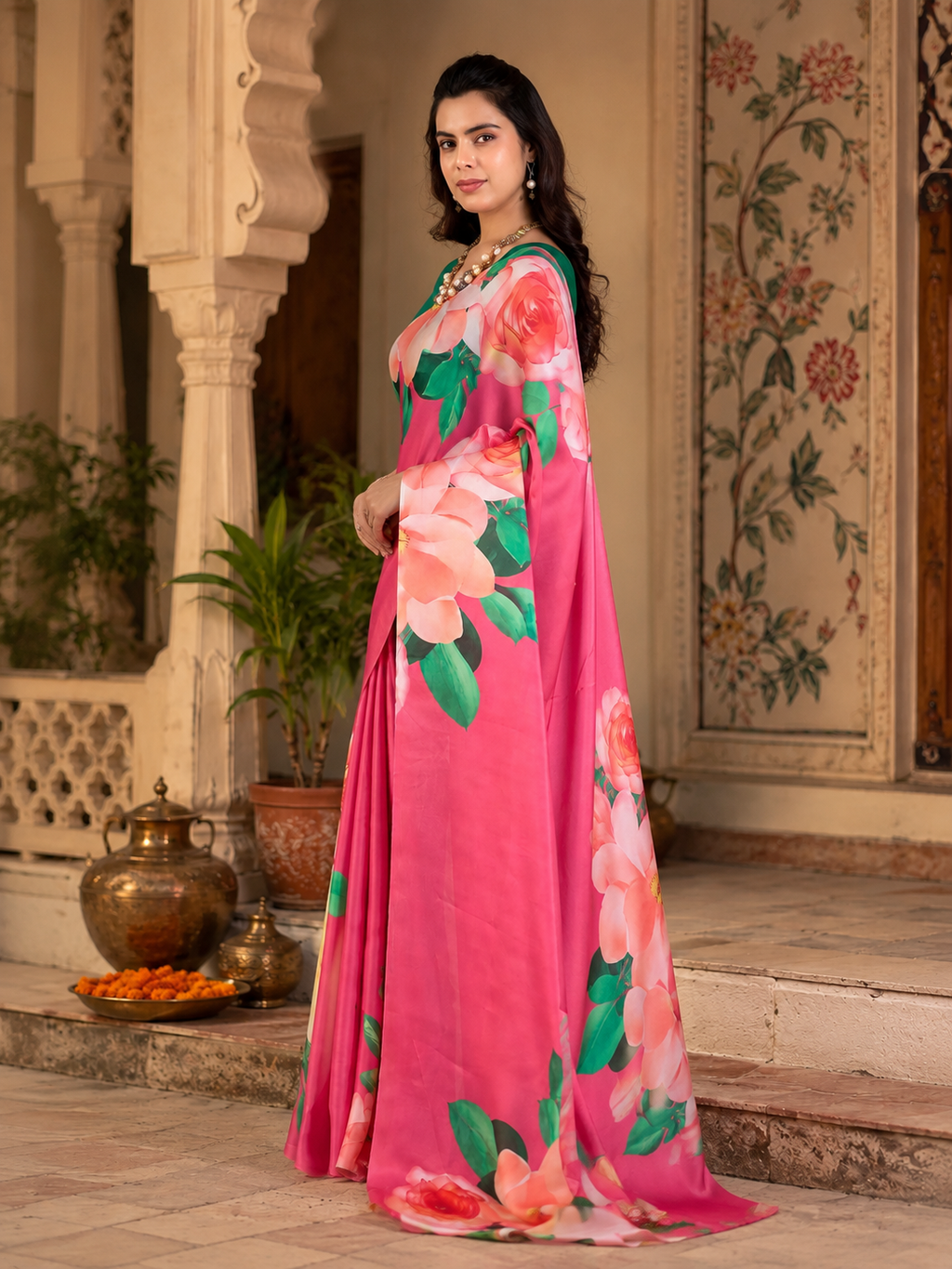 Satin Georgette Printed Printed Saree With Unstitched Blouse(Pink)