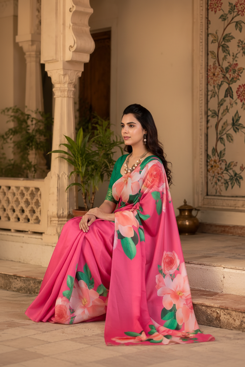 Satin Georgette Printed Printed Saree With Unstitched Blouse(Pink)