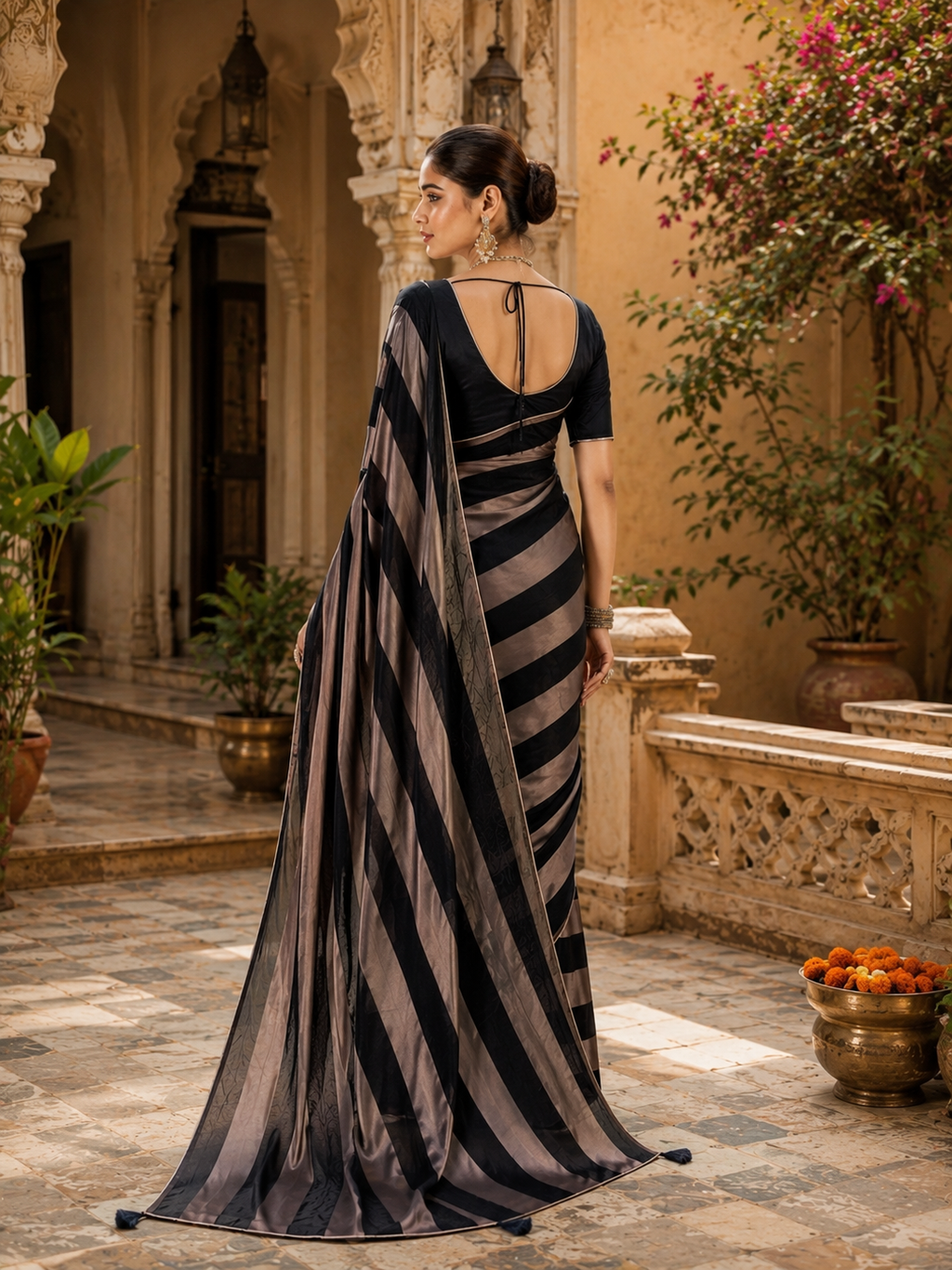 Satin Silk Saree With Unstitched Blouse(Black)