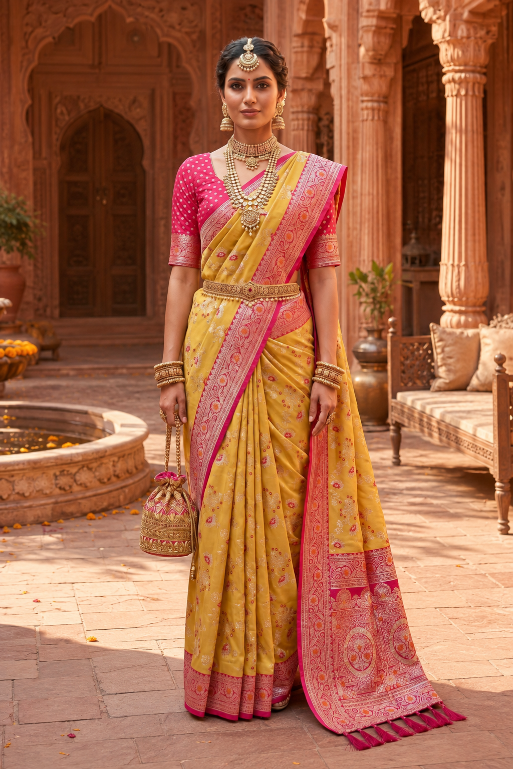 Soft Banarasi Silk Saree With Unstitched Blouse(Mustard)