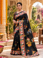 Satin Silk Pichwai Print Saree With Unstitched Blouse(Black)