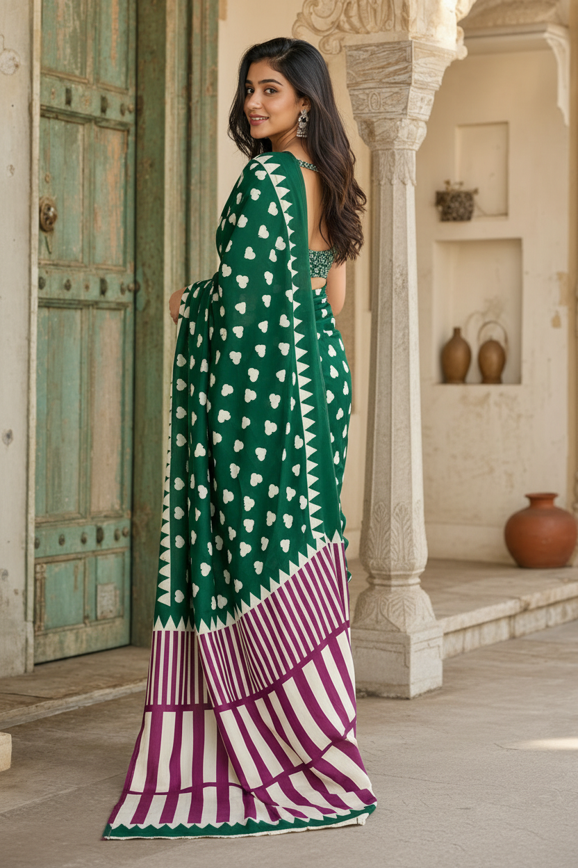 Satin Silk Ajrakh Print Saree With Unstitched Blouse(Green)