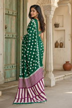Satin Silk Ajrakh Print Saree With Unstitched Blouse(Green)