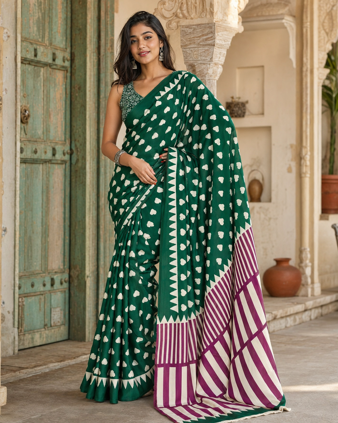 Satin Silk Ajrakh Print Saree With Unstitched Blouse(Green)