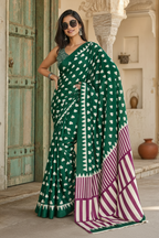 Satin Silk Ajrakh Print Saree With Unstitched Blouse(Green)