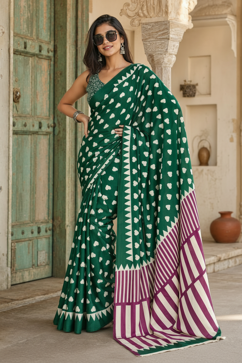 Satin Silk Ajrakh Print Saree With Unstitched Blouse(Green)