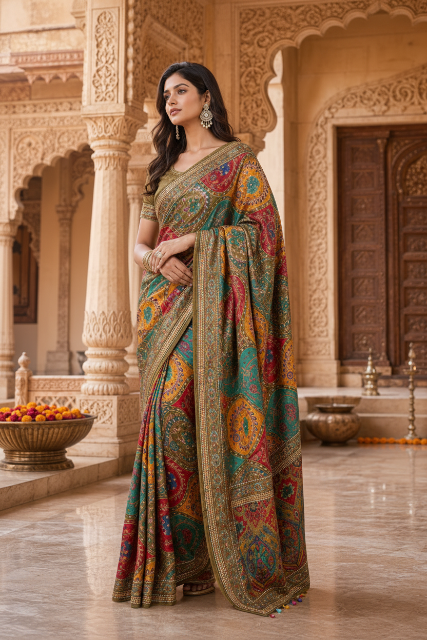Modal Crepe Silk Mirror Work Saree With Unstitched Blouse(Green)