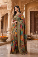 Modal Crepe Silk Mirror Work Saree With Unstitched Blouse(Green)