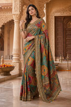 Modal Crepe Silk Mirror Work Saree With Unstitched Blouse(Green)