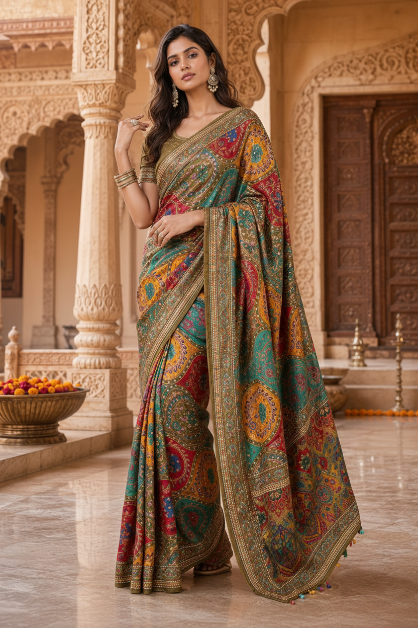 Modal Crepe Silk Mirror Work Saree With Unstitched Blouse(Green)