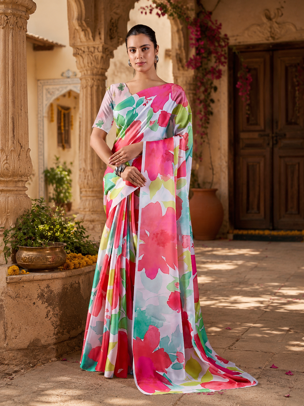 Satin Georgette Printed Printed Saree With Unstitched Blouse(White)