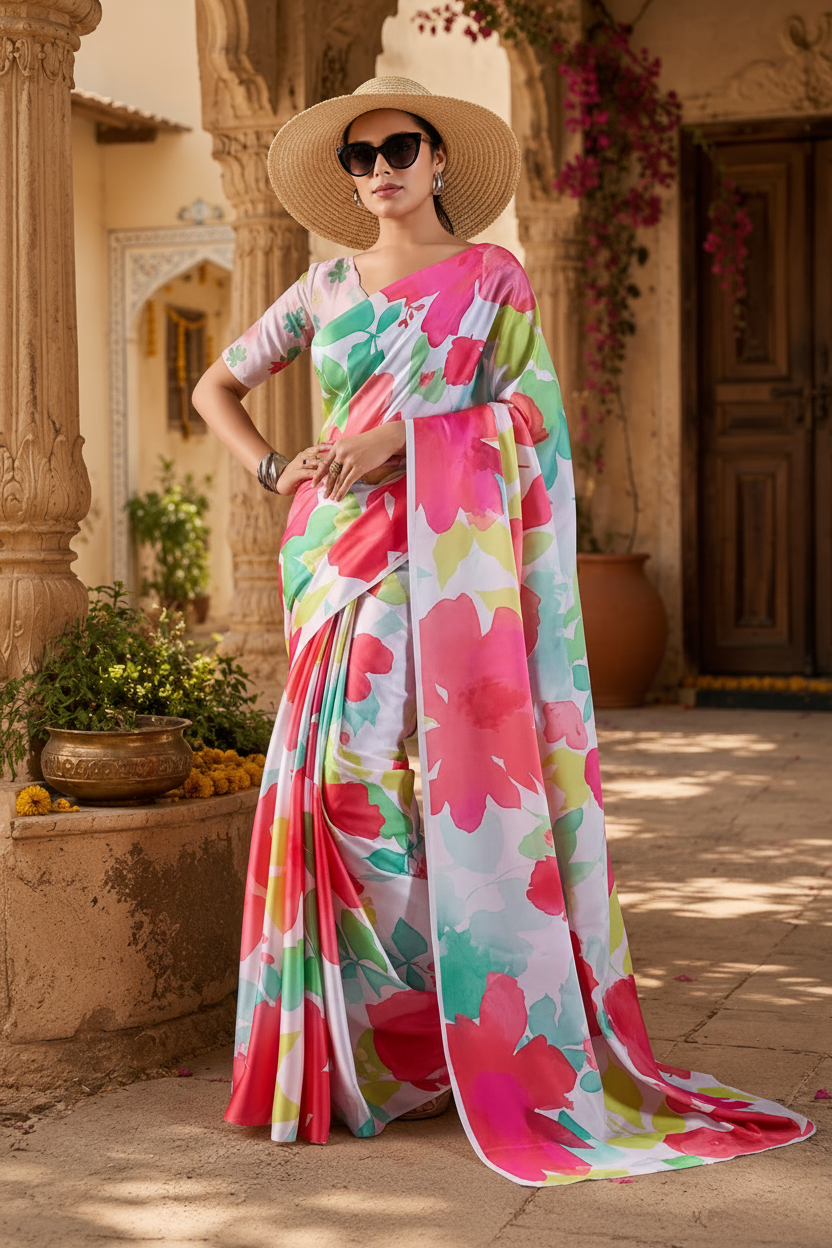 Satin Georgette Printed Printed Saree With Unstitched Blouse(White)