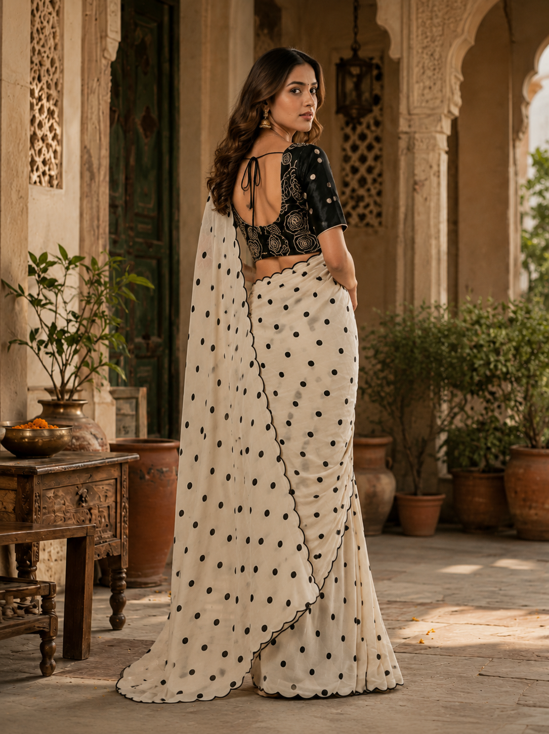 Georgette Embroidery Work Saree with Unstitched Blouse(Beige)