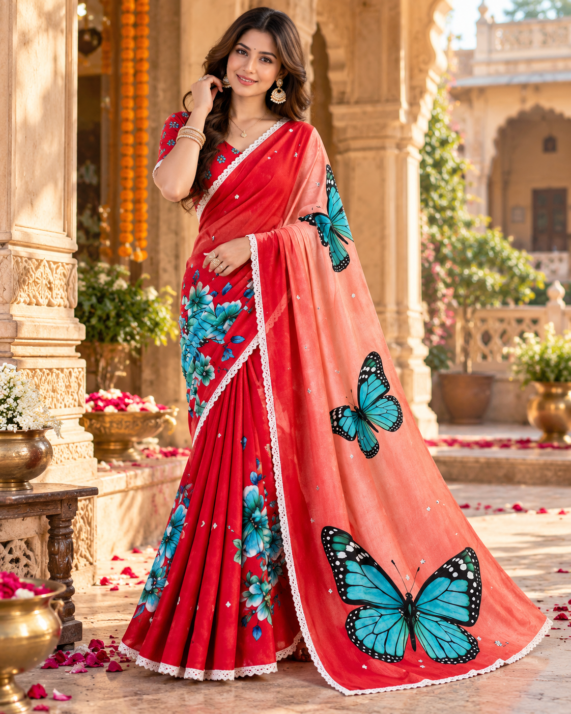 Pure Linen Printed Mirror Work Saree With Unstitched Blouse(Red)