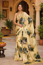 Load image into Gallery viewer, Satin Silk Printed Saree with Unstitched Blouse(Yellow)
