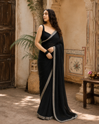 Organza Ready To Wear Saree With Unstitched Blouse(Black)