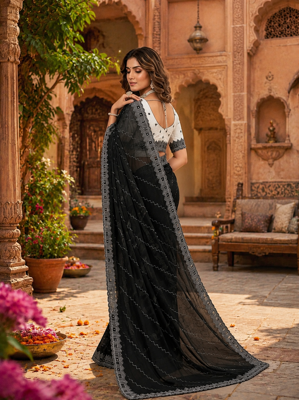 Organza Silk Saree With Unstitched Blouse(Black)