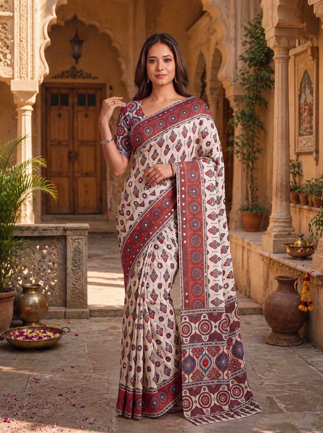 Crepe Silk Digital Ajrak Print  Real Mirror Work Saree With Unstitched Blouse(White)