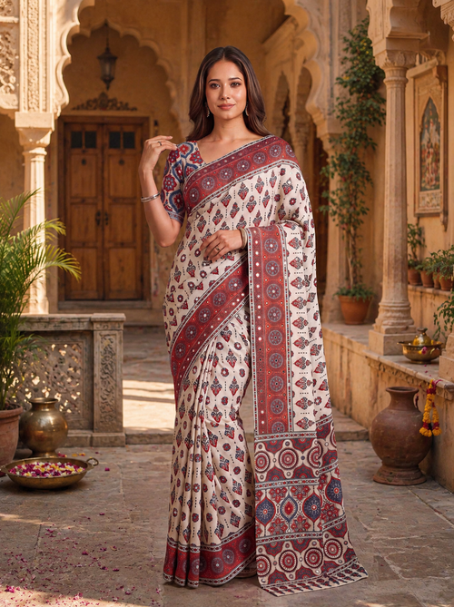 Crepe Silk Digital Ajrak Print  Real Mirror Work Saree With Unstitched Blouse(White)