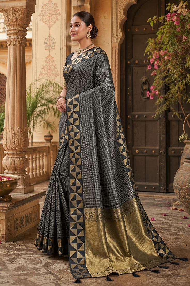 Premium Art Silk Zari Triangle Border Saree With Unstitched Blouse(Grey)