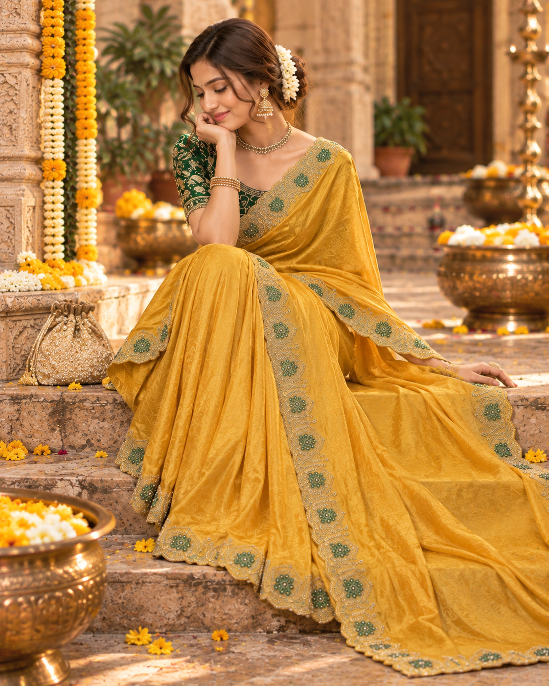 Satin Silk Zari Embroidery Sequin Work Saree With Unstitched Blouse(Mustard)