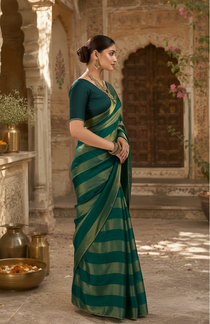 Satin Silk Saree With Unstitched Blouse(Green)