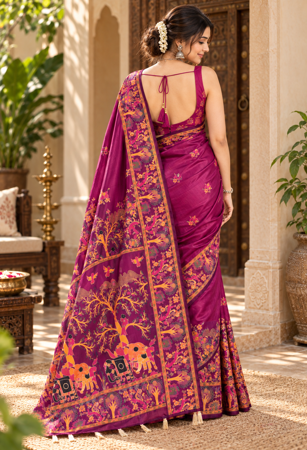 Premium Pashmina Kashmiri  Meenakari Weaves Tassels Saree (Wine )