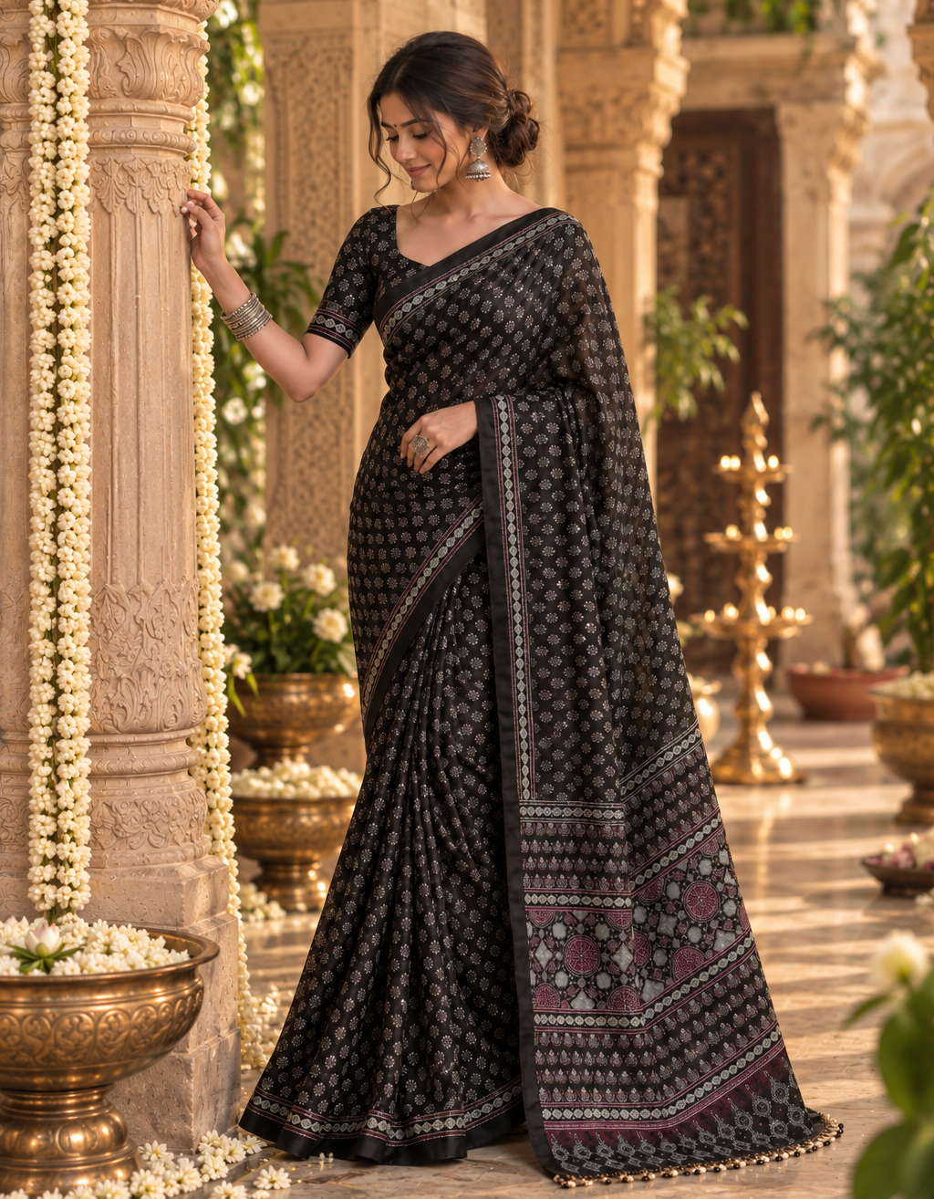 Satin Silk Ajrakh Print Mirror Work Saree With Unsitched Blouse(Black)