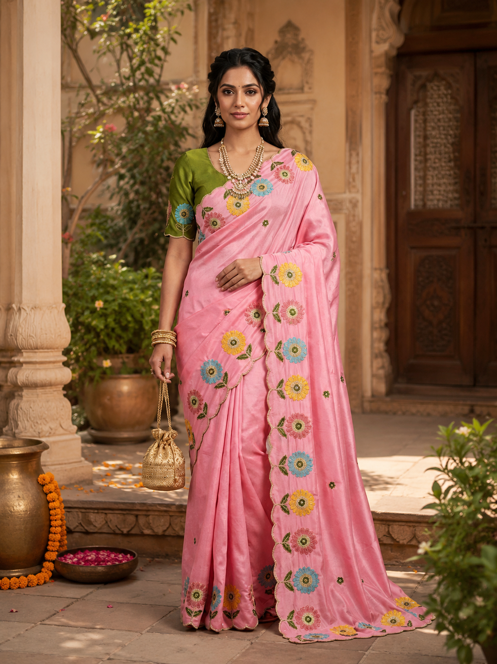 Crepe Silk Embroidery Work Zari Border Saree With Unstitched Blouse(Pink)