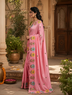 Crepe Silk Embroidery Work Zari Border Saree With Unstitched Blouse(Pink)