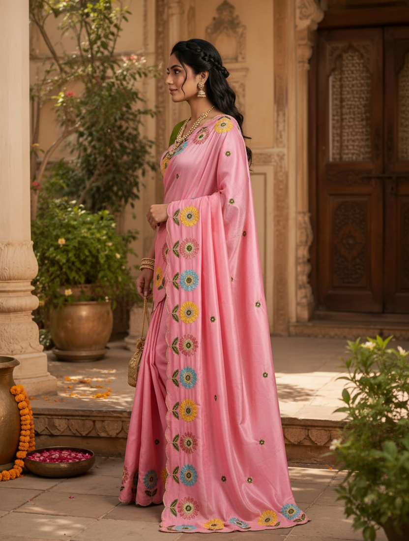 Crepe Silk Embroidery Work Zari Border Saree With Unstitched Blouse(Pink)