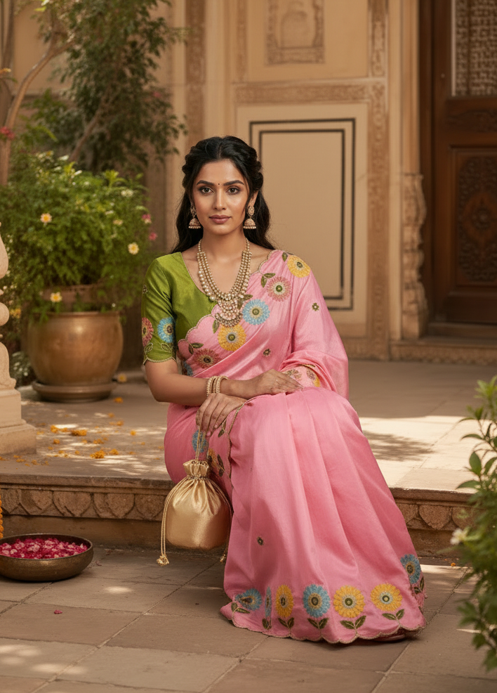 Crepe Silk Embroidery Work Zari Border Saree With Unstitched Blouse(Pink)