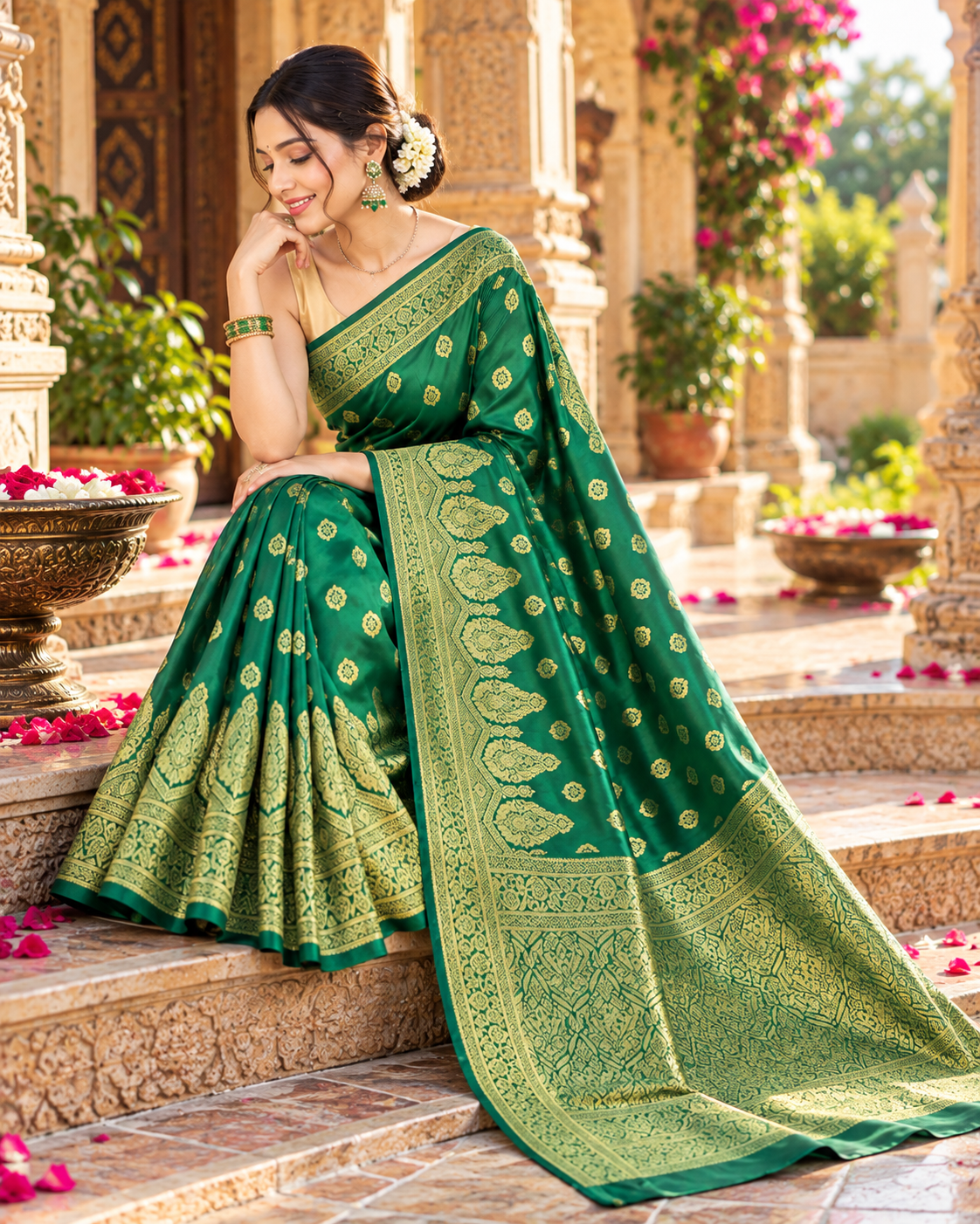Banarasi Silk Golden Zari Border Work Saree With Unstitched Blouse(Green)
