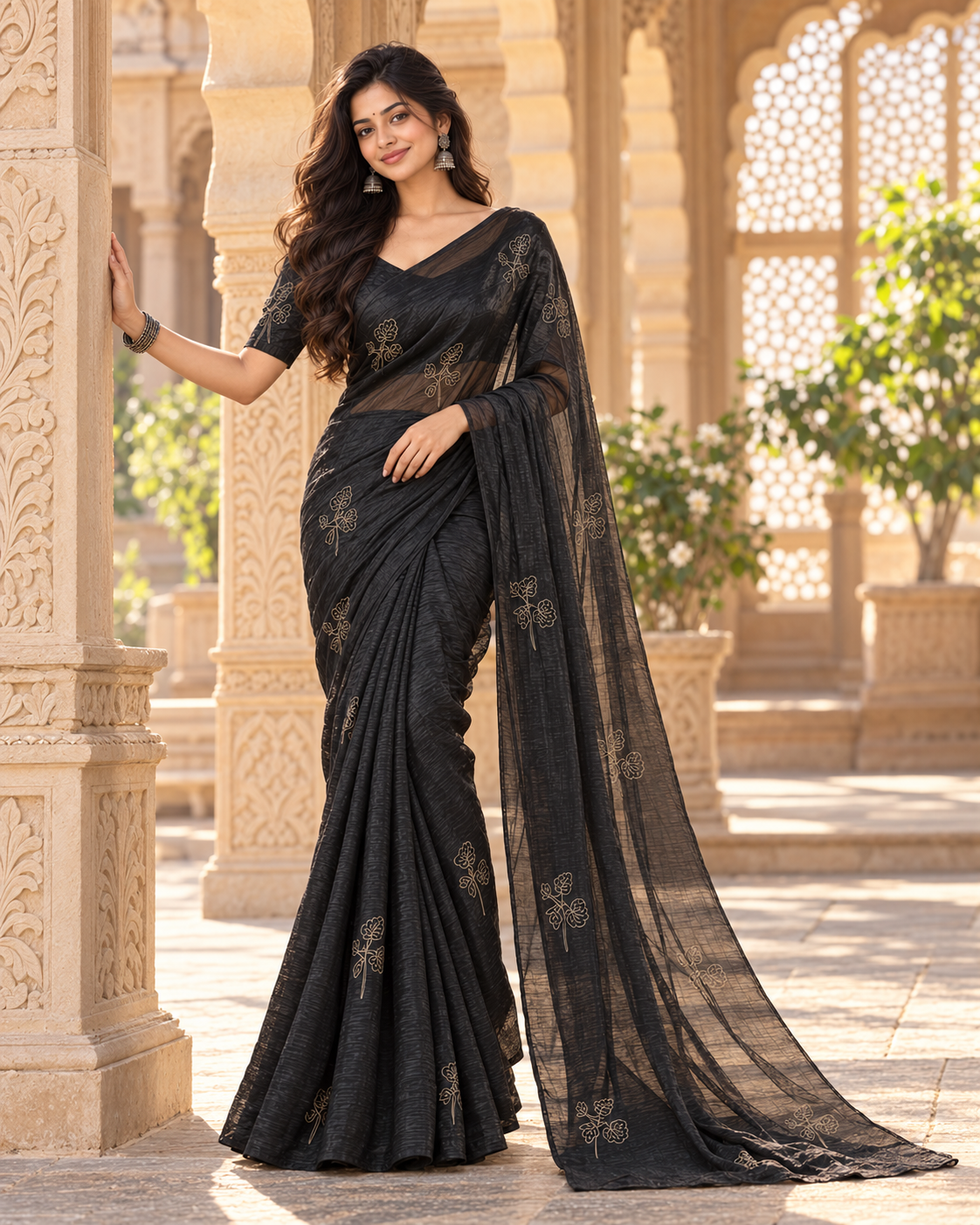 Soft Space Silk Thread Work Saree With Unstitched Blouse(Black)