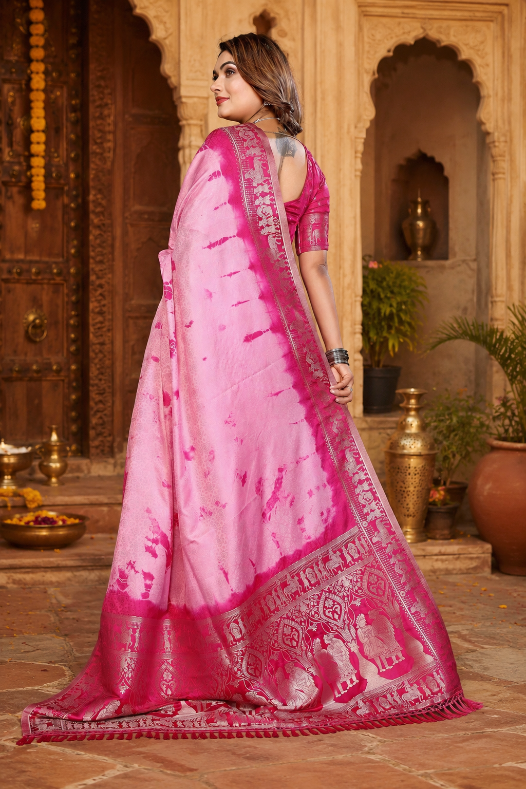 Satin Silk Bandhani Printed Saree With Unstitched Blouse(Pink)