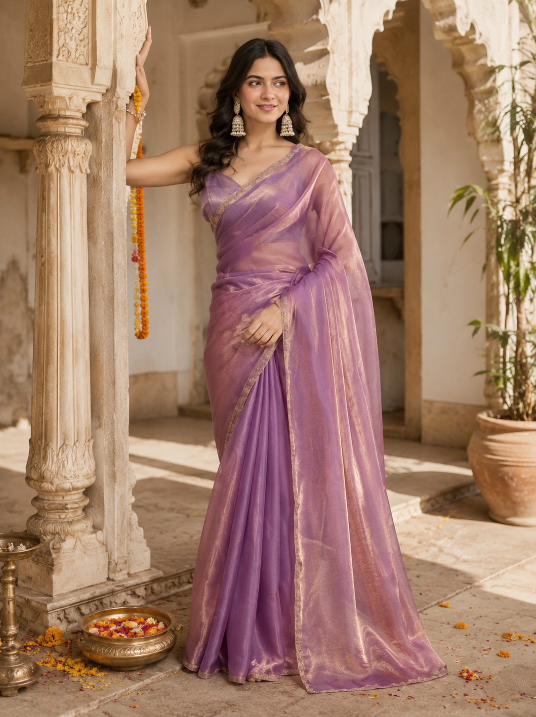 Twill Net Saree With Unstitched Blouse(Purple)