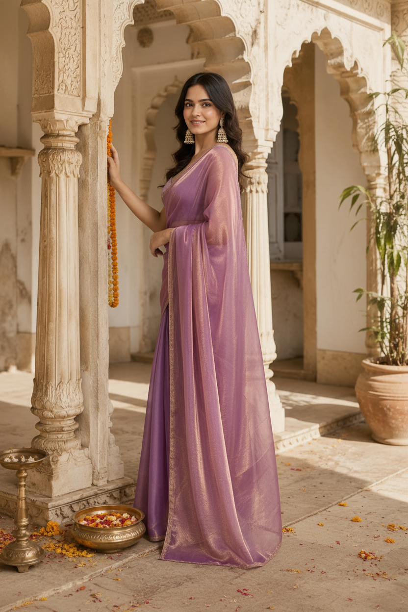 Twill Net Saree With Unstitched Blouse(Purple)