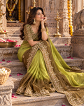 Chiffon Silk Embroidery Sequin Work Saree With Unstitched Blouse(Lime Green)