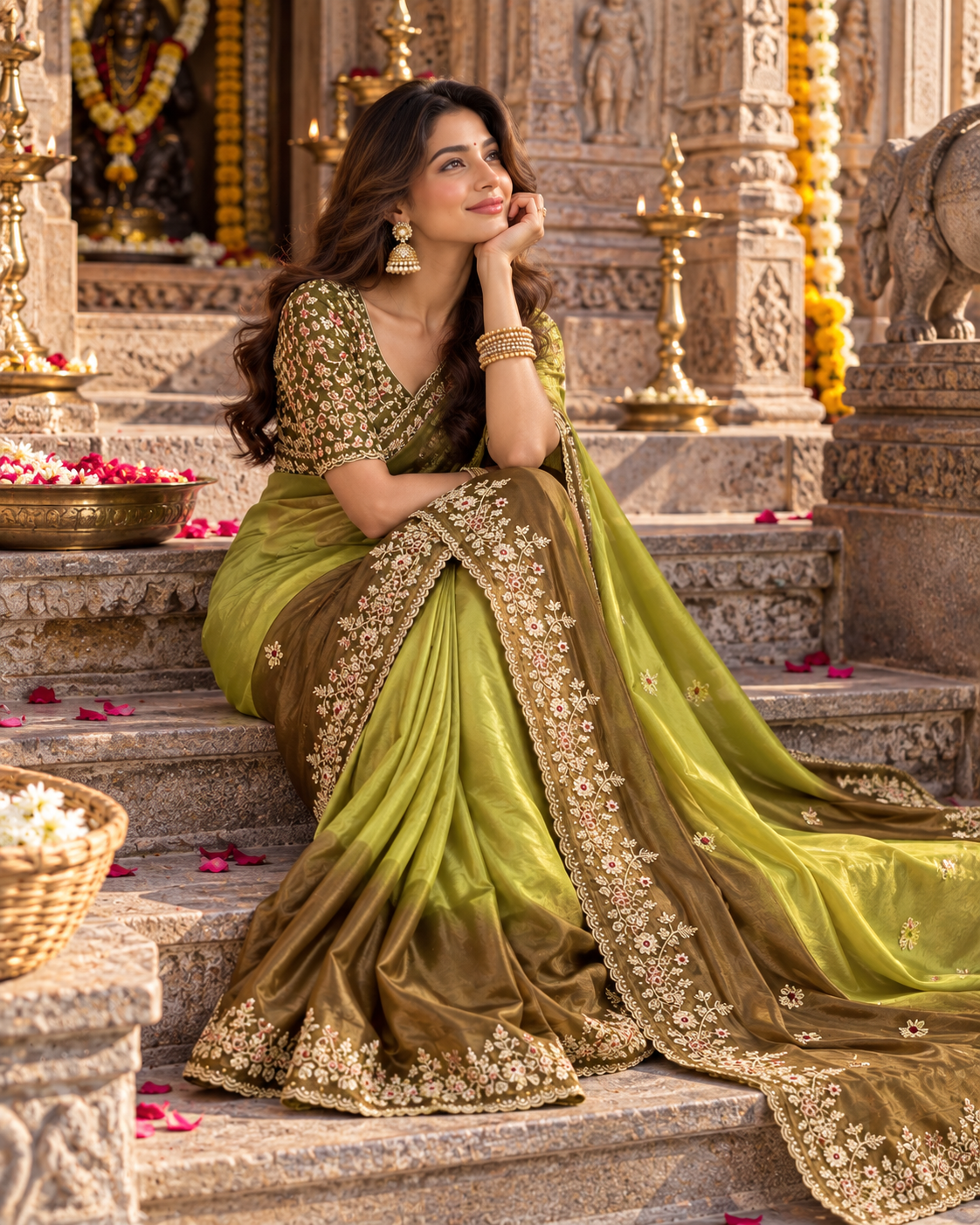 Chiffon Silk Embroidery Sequin Work Saree With Unstitched Blouse(Lime Green)