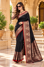 Pure Banarasi Silk Zari Work Saree With Unstitched Blouse(Black)