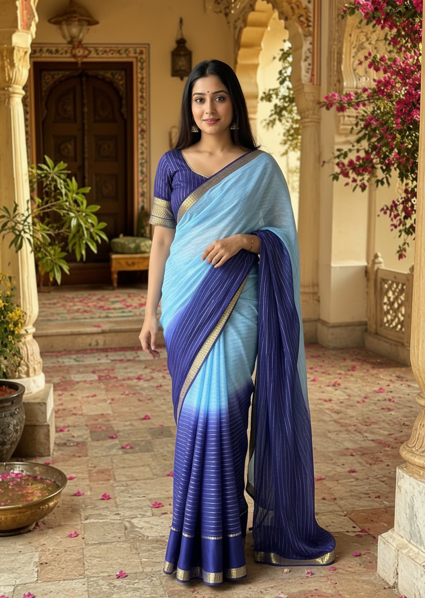 Viscose Georgette Saree With Unstitched Blouse(Blue)