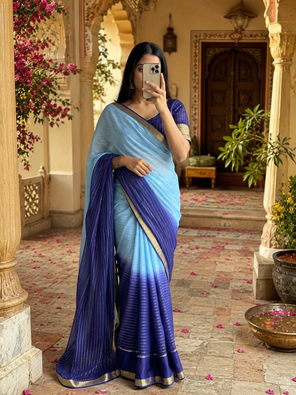 Viscose Georgette Saree With Unstitched Blouse(Blue)
