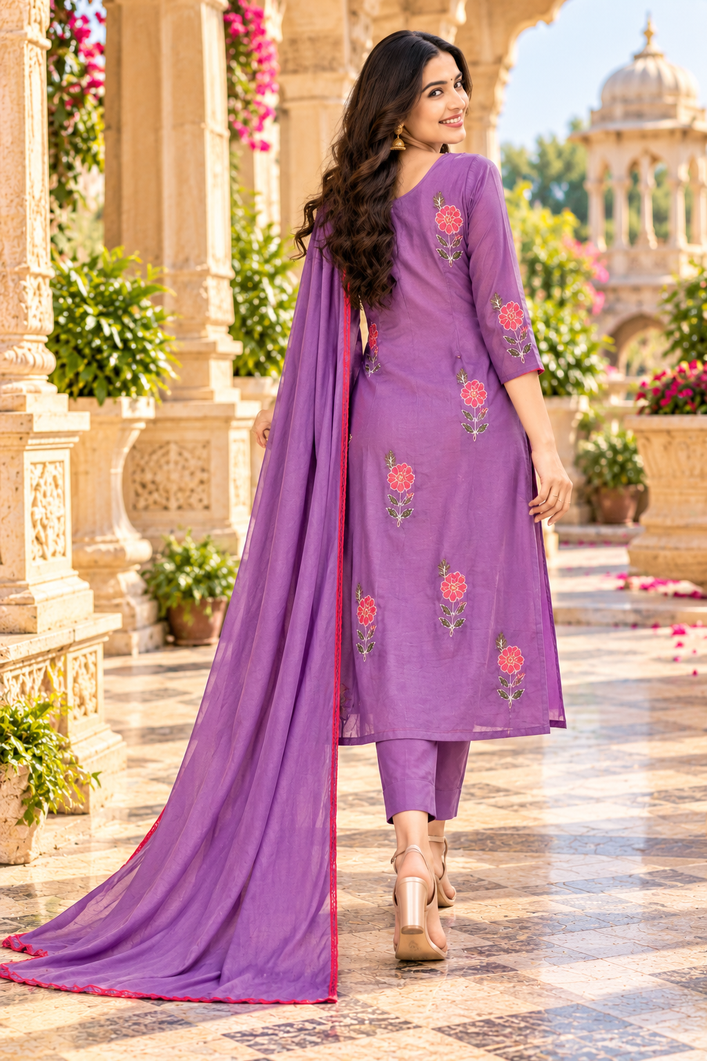 Chanderi Cotton Kurti Pant Set With Dupatta Set(Purple)