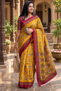 Mulmul Cotton Printed Saree With Unstitched Blouse(Yellow)