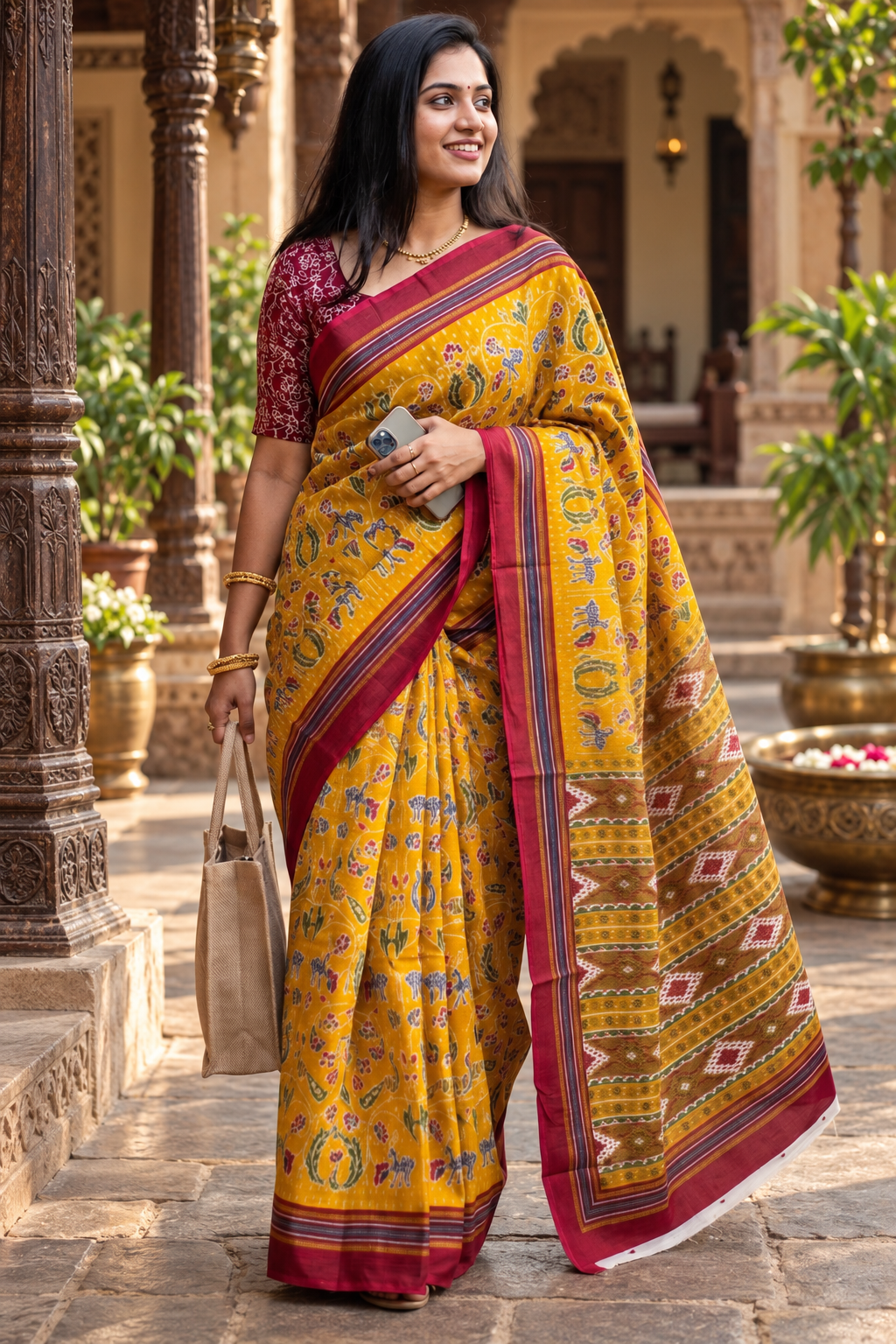 Mulmul Cotton Printed Saree With Unstitched Blouse(Yellow)