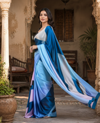 Premium Satin Silk Saree with Unstitched Blouse(Blue)