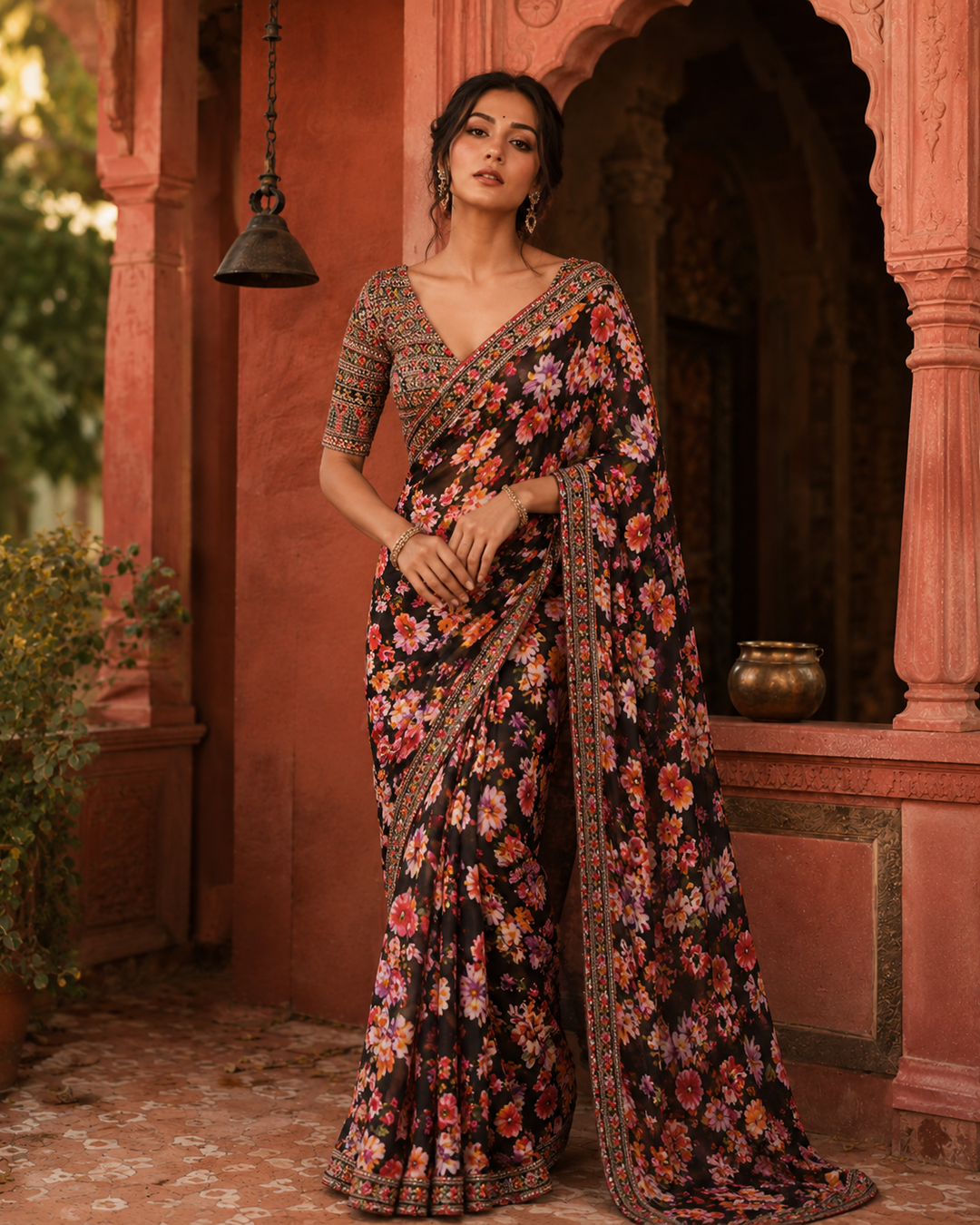 Georgette Digital Print Saree With Unstitched Blouse(Black)