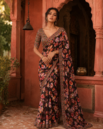 Load image into Gallery viewer, Georgette Digital Print Saree With Unstitched Blouse(Black)
